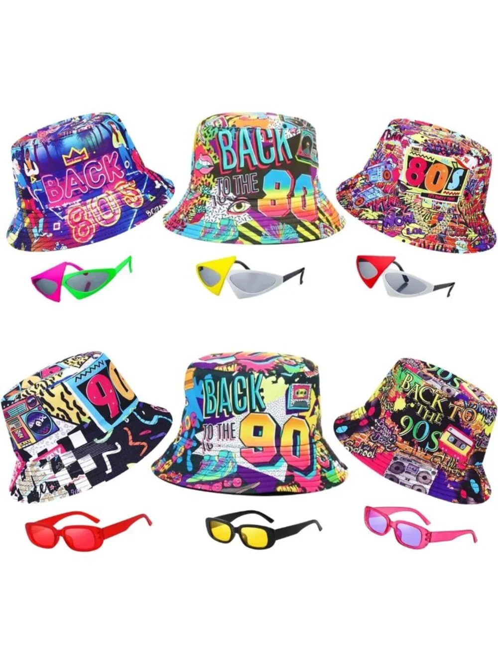 12 Retro 80s 90s Bucket Hats & Neon Sunglasses Set for Parties, Photo Booth